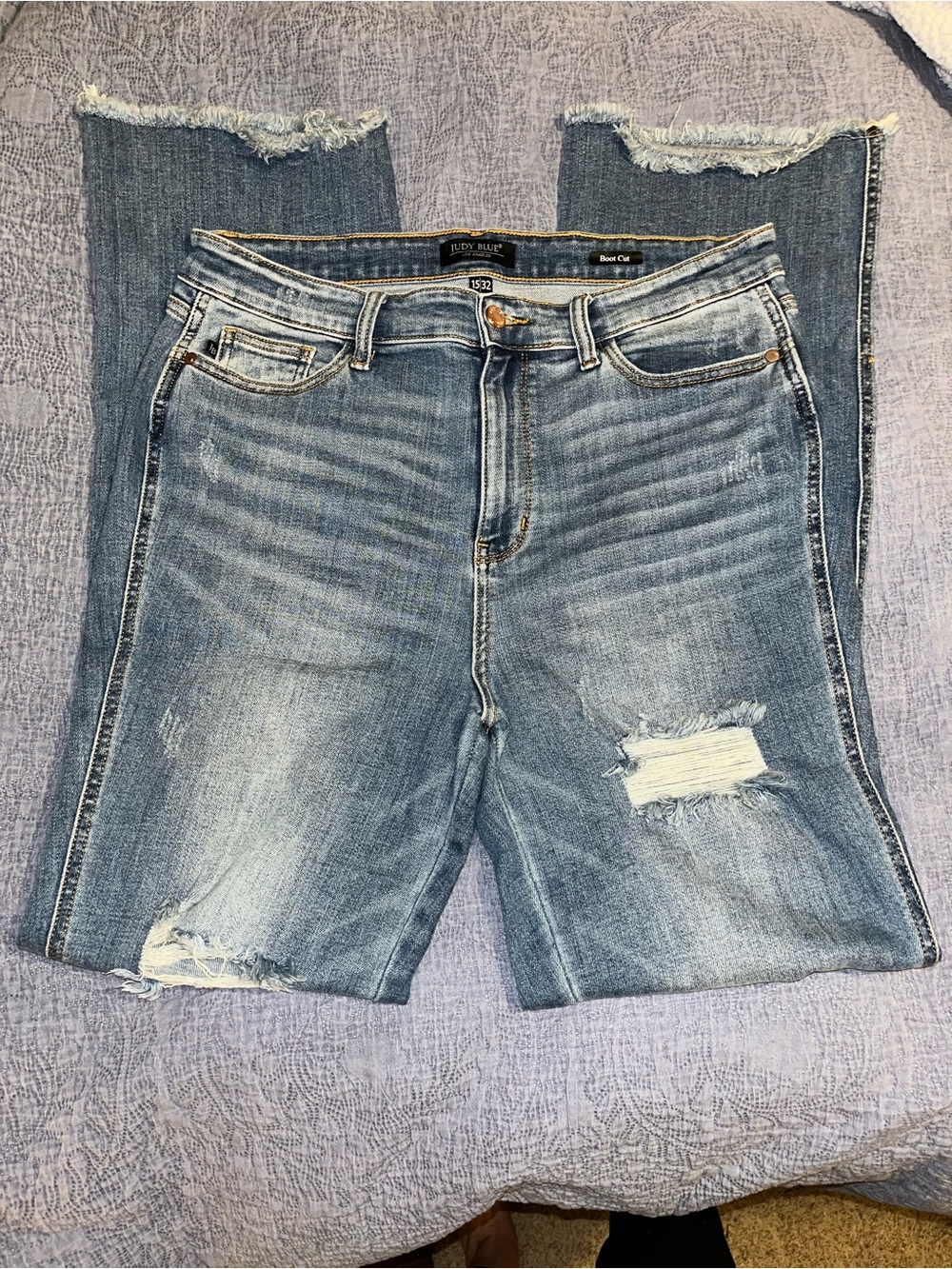 Judy Blue Light Blue Distressed Boot Cut Jeans Raw Hem